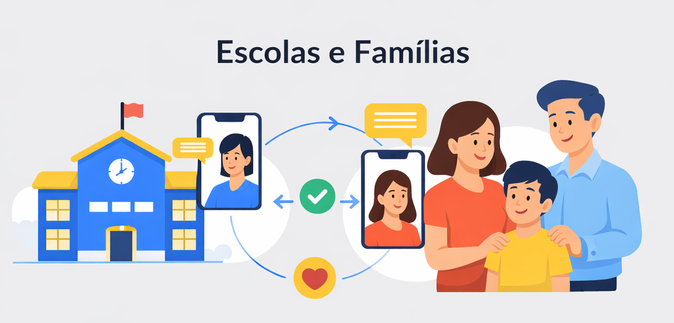 Ilustração mostrando a conexão entre escolas e famílias