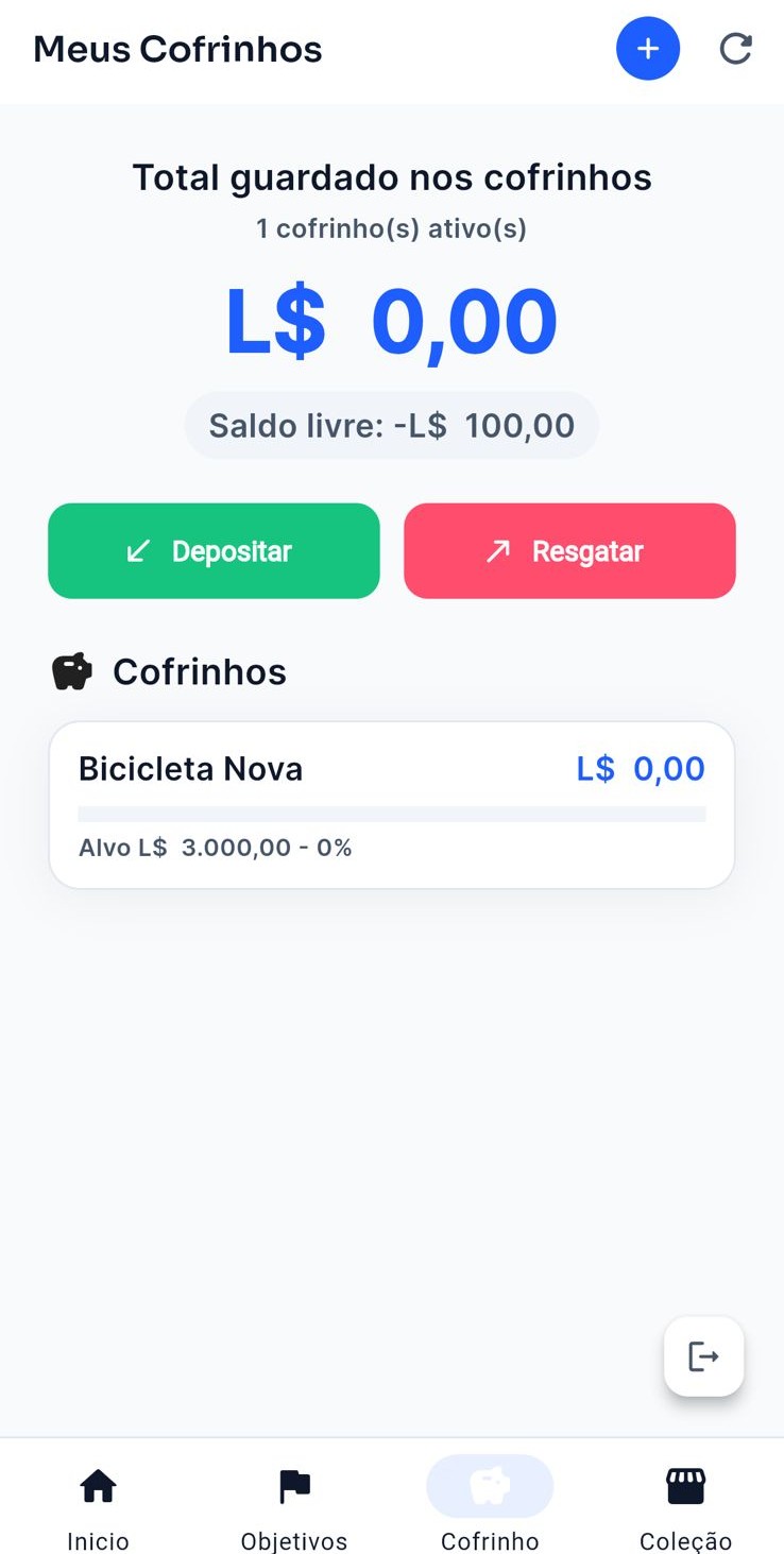 Tela do app LECOAPP mostrando os cofrinhos e metas da criança
